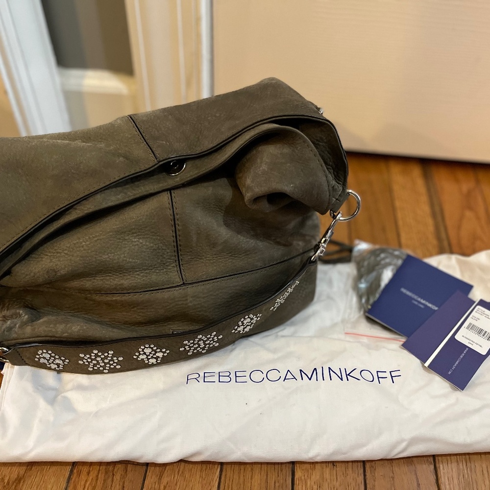 REBECCA MINKOFF PEBBLE LEATHER BUCKET HOBO BAG OLIVE